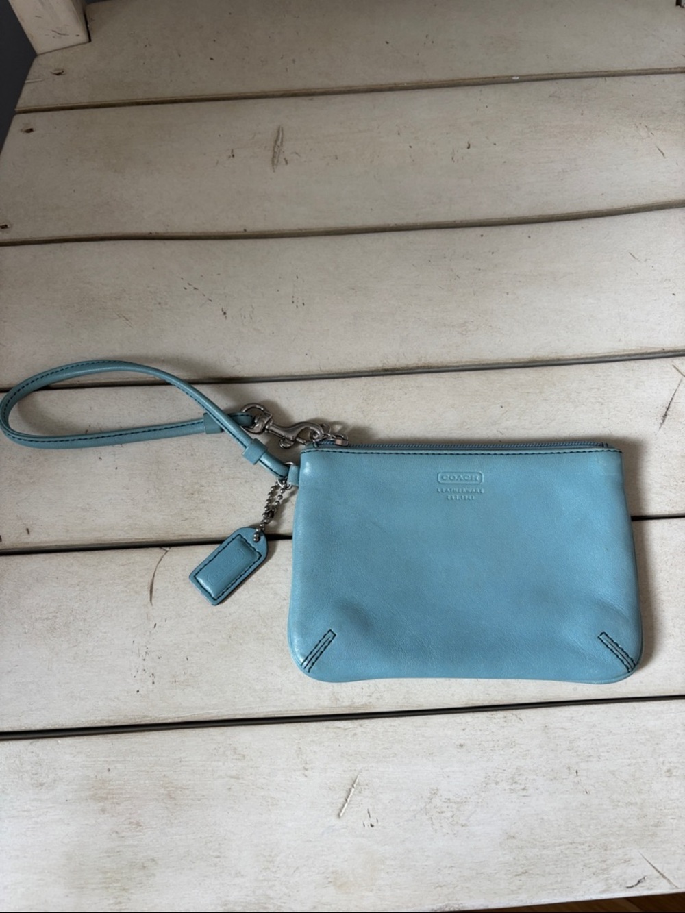 Coach Light Blue Pebbled Leather Wristlet Clutch